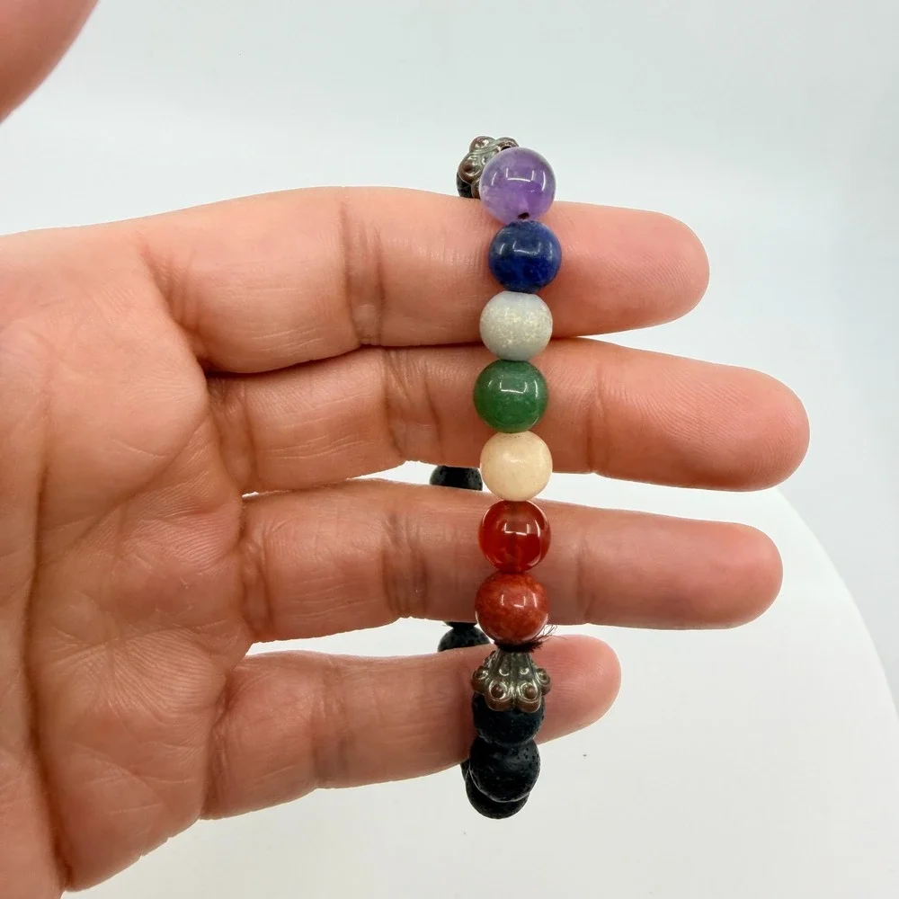Vintage Bohemian 7 Chakra Lava Rock Stretch Beaded Healing Bracelet 90s